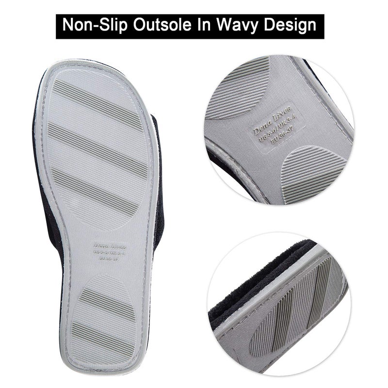 DL صنادل مفتوحة الأصابع للنساء داخل المنزل، أحذية منزلية مريحة من رغوة الذاكرة للنساء، سهلة الارتداء في الصيف، صنادل ناعمة من الفلانيل للنساء، قابلة للتنفس، مقاس 5-6، باللون الأسود - Image 4